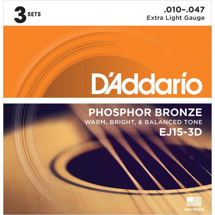 D'addario - EJ15 - Phosphor Bronze Extra Light (pack 3 juegos) - Acoustic Guitar String | Z-Bombilla