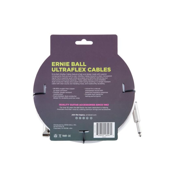 Ernieball - ULTRAFLEX JACK-JACK AC BLANCO 5M - Cabo Masculino - Jack | Z-Bombilla