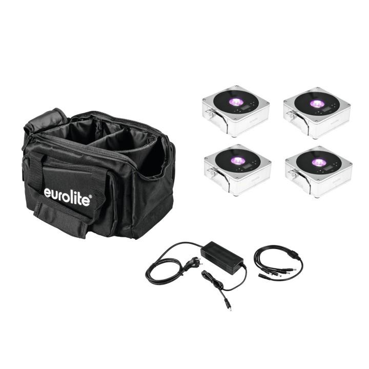 Eurolite - Set 4x AKKU IP Flat Light 1 chrome + Soft-Bag + Charger - Projector LED | Z-Bombilla