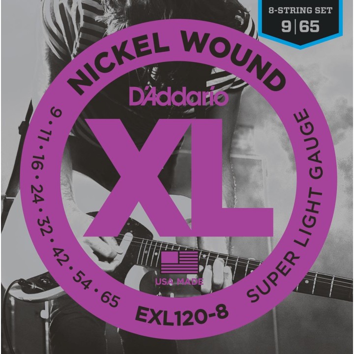 D'addario - EXL120-8 NICKEL WOUND, 8-STRING, SUPER LIGHT, [9-65] - Electric Guitar String | Z-Bombilla