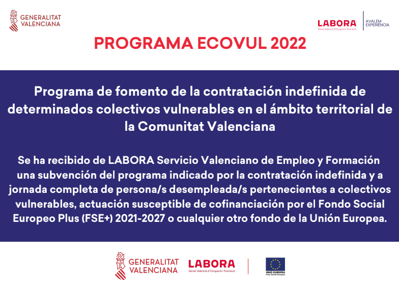 Programa ECOVUL 2022: subvención de LABORA cofinanciada por el Fondo Social Europeo Plus
